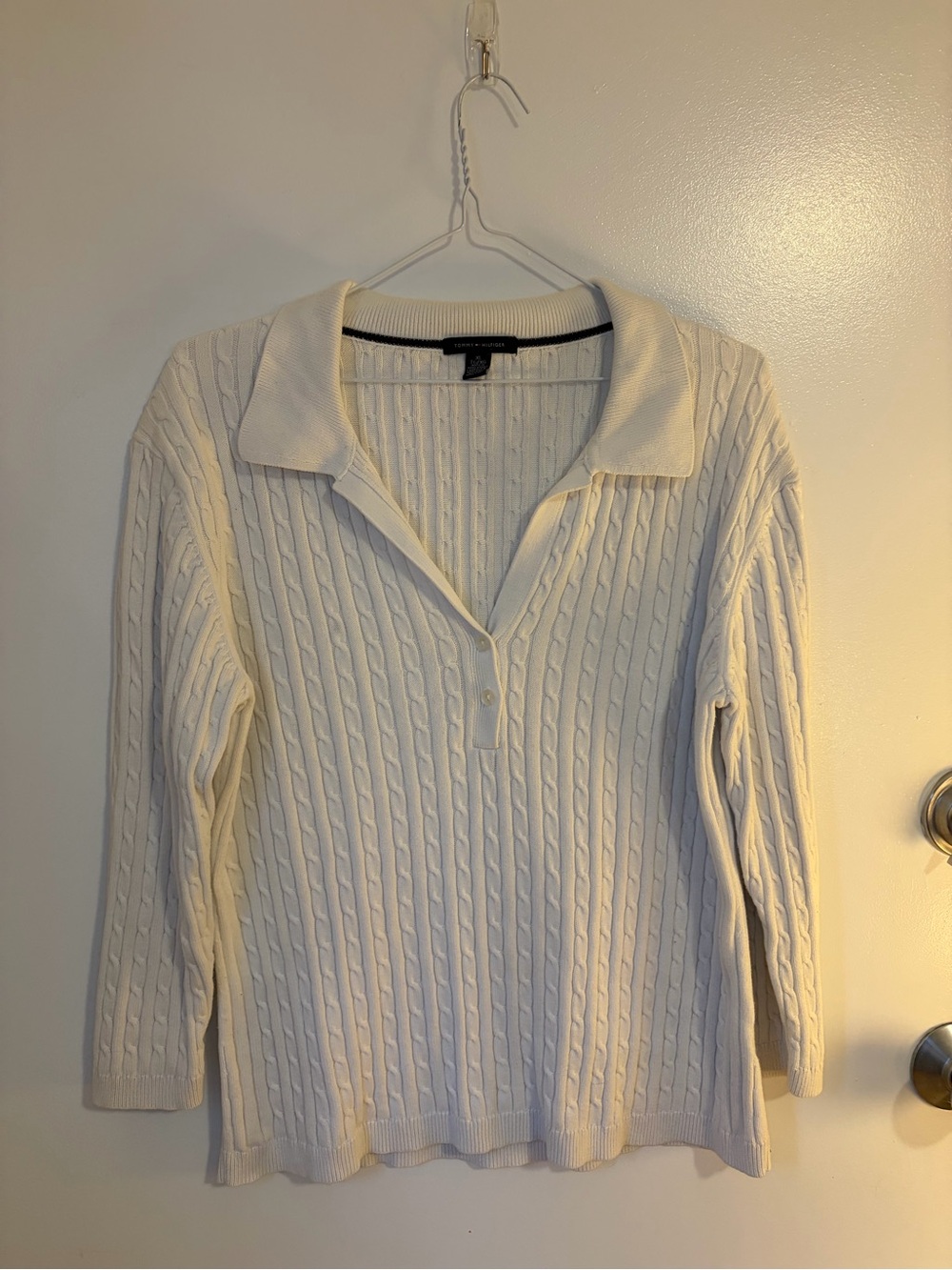 Tommy Hilfiger White Cable-Knit Polo shirt 3/4 sleeve
